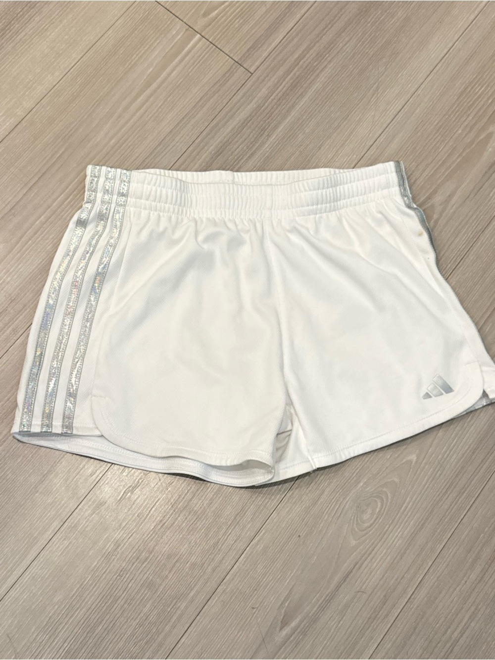 adidas White Athletic Shorts with Silver Accent Stripes